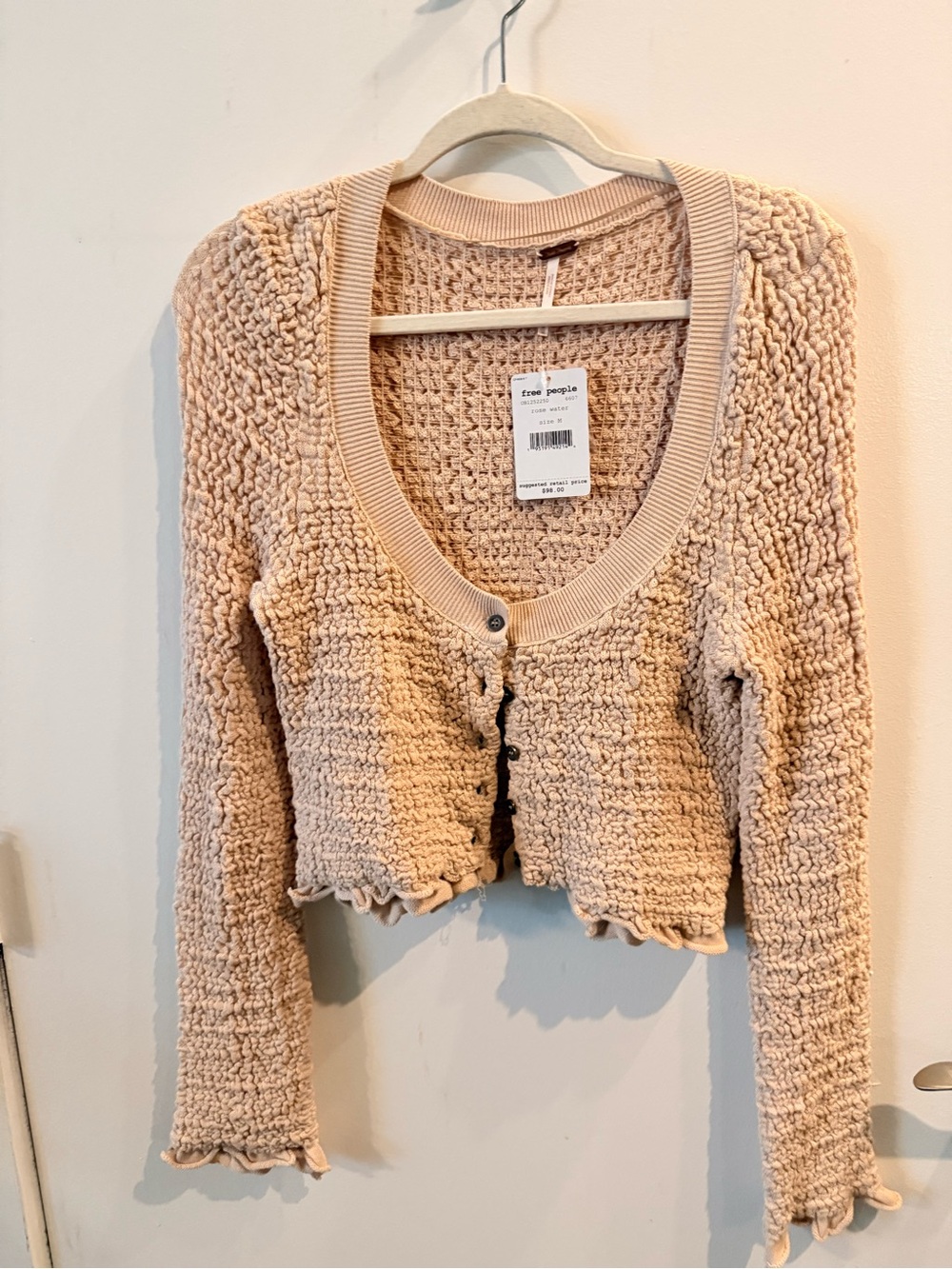 Free People Beige Cropped Textured Cardigan Sweater